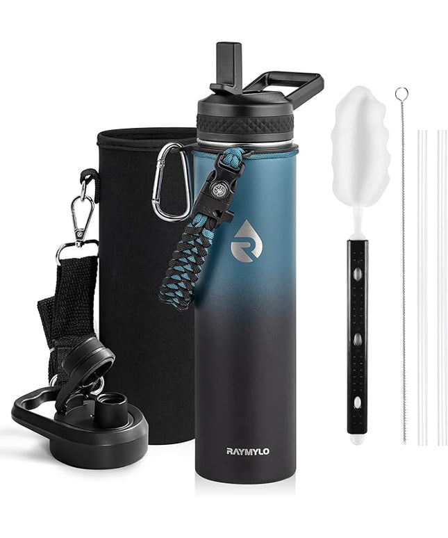 Insulated Water Bottle 24oz, Triple Wall Vacuum Stainless Steel (Cold for 48 Hrs, Hot for 24Hrs), Leak Proof & Non-BPA, 24oz Hydro Water Flask with Paracord Handle & Straw Spout Lids