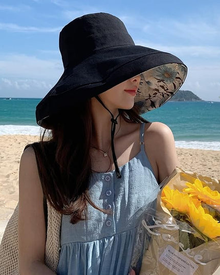 HUAMULAN Women Summer Sun Hat Wide Brim Wired Edge Floral Beach Bucket Hats Reversible Foldable Travel UV Protection Lady Hat