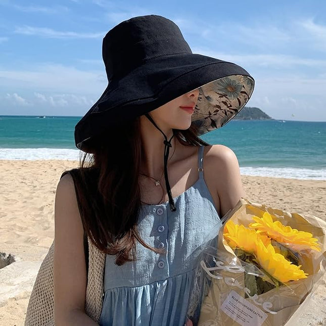 HUAMULAN Women Summer Sun Hat Wide Brim Wired Edge Floral Beach Bucket Hats Reversible Foldable Travel UV Protection Lady Hat