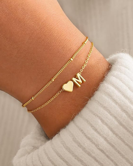 M MOOHAM Valentines Day Gifts for Kids Teen Girls -14K-Gold-Plated Heart Initial A-Z Bracelets for Women Girl Dainty Gold Bracelets Birthday Valentines Gifts for Women Her Teenage Girls Kid Teen Gift