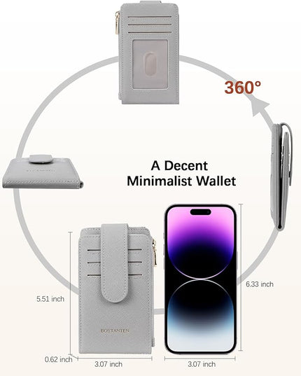 BOSTANTEN Slim Wallet Women RFID Blocking Card Holder Leather Bifold Wallet with Zipper Pocket Grey