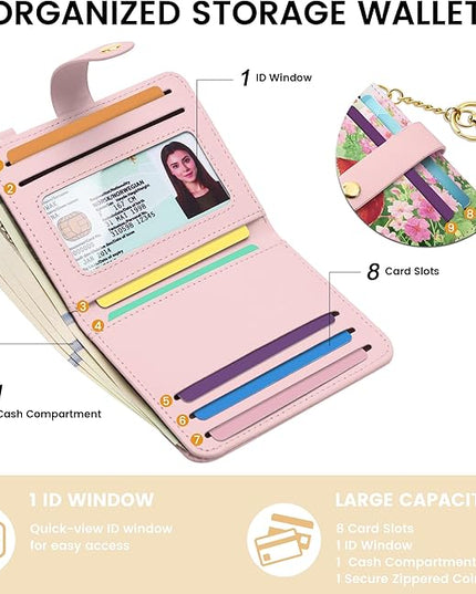 Sodsay Small Slim Wallet Women RFID Blocking, PU Leather Bifold Ladies Wallet with Zipper Coin Pocket, Thin Cute Travel Card Wallets for Girls, Pink Feathered Blossom