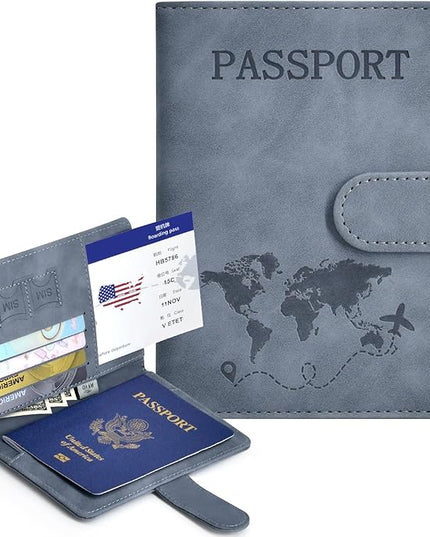 Passport Holder, Passport Cover with Credit Card Slot and Boarding Pass Slot Combo, Passport Wallet Case Book Travel Must Have, RFID Blocking Leather Travel Accessories, Navy Grey