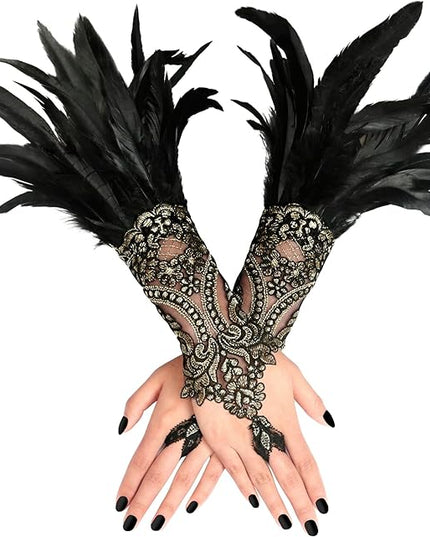 HOMELEX Women Black Lace Feather Gloves Witch Angel Costume Accessories Swan Wings Wrist Bands