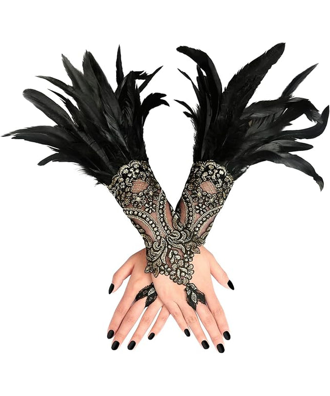 HOMELEX Women Black Lace Feather Gloves Witch Angel Costume Accessories Swan Wings Wrist Bands