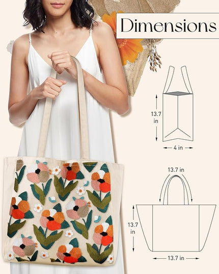 Embroidery Canvas Tote Bag for Women - Reusable Totes with Pocket & Buckle Aesthetic Cute Grocery Shoulder Bag
