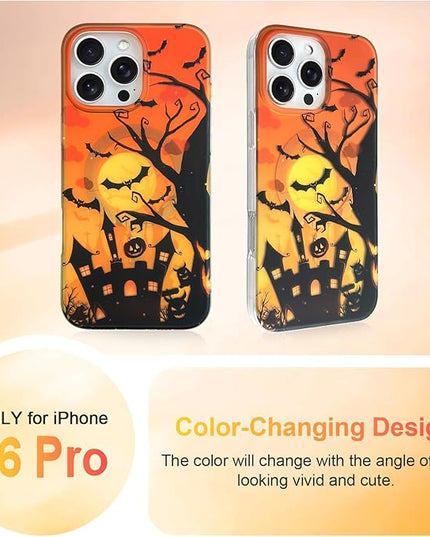 Halloween Case for iPhone 16 Pro Case [ Compatible with Magsafe ] Holographic Orange Sky with Black Castle, Bats, Ghosts and Pumpkins Pattern Design, Creative Magnetic Protective Phone Cover