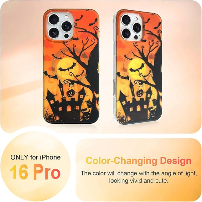 Halloween Case for iPhone 16 Pro Case [ Compatible with Magsafe ] Holographic Orange Sky with Black Castle, Bats, Ghosts and Pumpkins Pattern Design, Creative Magnetic Protective Phone Cover