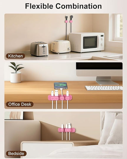 6 Pack Magnetic Cable Clips [1s Open/Lock], Laitver Cord Organizer Holder Strong Adhesive Desk Cable Management- Organize Charging Cords Neatly for Home, Office, Car,Desk, Nightstand-Rose Red