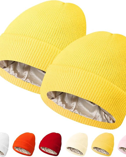 PFFY 2 Packs Womens Satin Lined Beanie Hat Silk Lining Winter Hats Beanies for Women Soft Slouchy Beanie Skull Cap