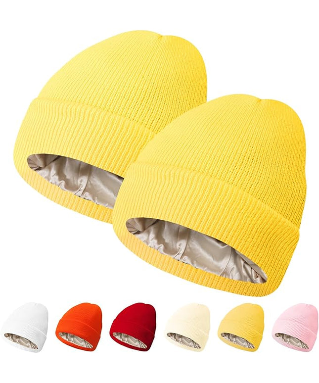 PFFY 2 Packs Womens Satin Lined Beanie Hat Silk Lining Winter Hats Beanies for Women Soft Slouchy Beanie Skull Cap