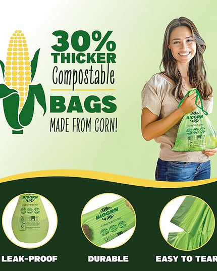 2.6-3 Gallon Compostable Trash Bags Drawstring 50 Bags Extra Thick 1 Mil 11.36 Liter Small Biodegradable Trash Bags for Kitchen Countertop Bin ASTM D6400, US BPI and OK Compost Home Certified