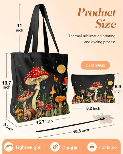Aesthetic 2 Pack Canvas Tote Bag - with Makeup Pouch Bag for Women Reusable Grocery Bag for Gym, Travel, Work