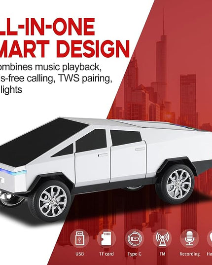 Futuristic Shapes Truck Bluetooth Speaker with LED Display Screen – TWS Stereo, FM Radio, USB/TF Playback, LED Headlights, Built-in Mic, Gift for Car Lovers, Model Collectors & Tech Fans (Silver)