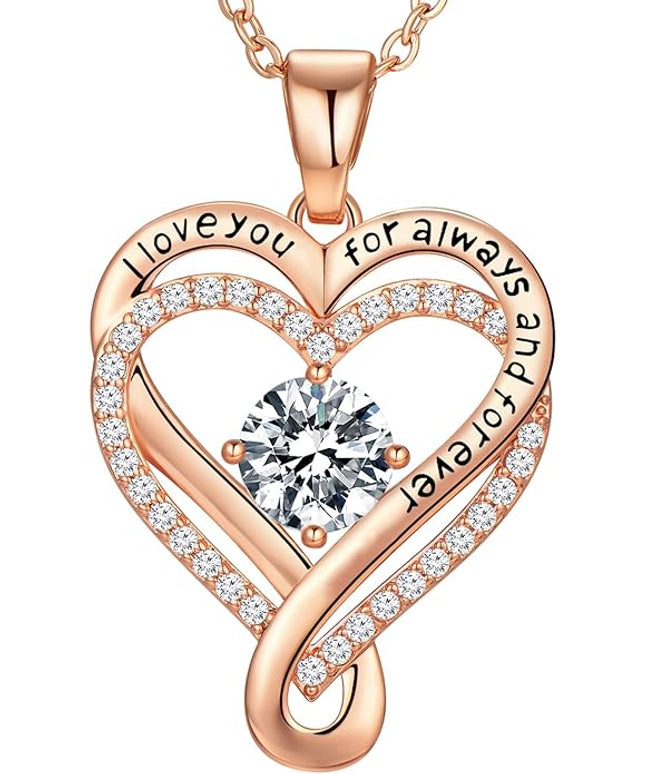 Infinity Love Heart Birthstone Necklace for Women Wife, S925 Sterling Silver Anniversary for Women Wife Birthday Gift for Her Girlfriend Mom Daughters, I Love You Women's Jewelry 18k Rose Gold Filled