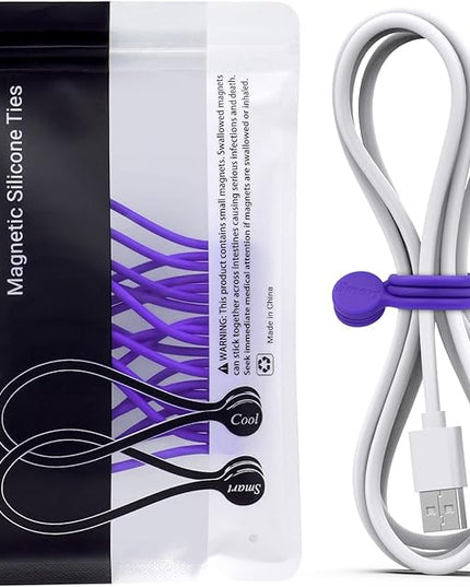 SMART&COOL Reusable Silicone Magnetic Cable Ties for Bundling and Organizing, Holding Stuff, Book Markers, Fridge Magnets, Assorted Color, 7.16'' (10-Pack, Purple)