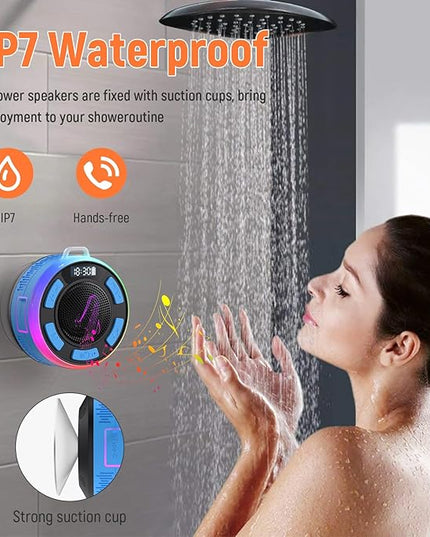IPX7 Waterproof Shower Bluetooth Speaker, Portable Small Speaker with Suction Cup and Time Display, Loud Crystal Sound & Bass 10H Playtime 1100mAh, Wireless Shower Speakers for Pool, Beach Gift Blue
