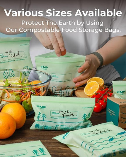 Fit Meal Prep 50 Pack 100% Compostable Sandwich Bags, 6.5 x 6.7" Resealable Food Storage Freezer Bags, Eco Friendly Snack Bags for Travel, ASTM D6400, US BPI & EU OK Compost Certified
