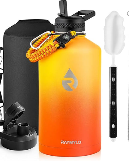One Gallon Water Bottle Insulated, Triple Walled Vacuum Stainless Steel (Cold for 48 Hrs), Leak Proof & Non-BPA, Large Water Flask Jug with Paracord Handle & Straw Spout Lids