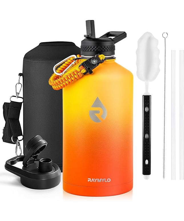 One Gallon Water Bottle Insulated, Triple Walled Vacuum Stainless Steel (Cold for 48 Hrs), Leak Proof & Non-BPA, Large Water Flask Jug with Paracord Handle & Straw Spout Lids