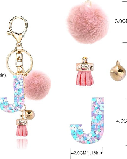 Resin Alphabet Initial Letter Keychain Keyring for Women Purse Handbags With Fur Ball Pom