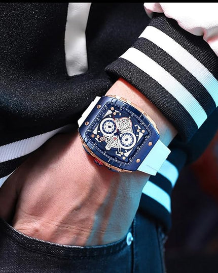PASOY Luxury Chronograph Watches for Mens Rubber Strap Black Waterproof Date Analog Quartz Watch