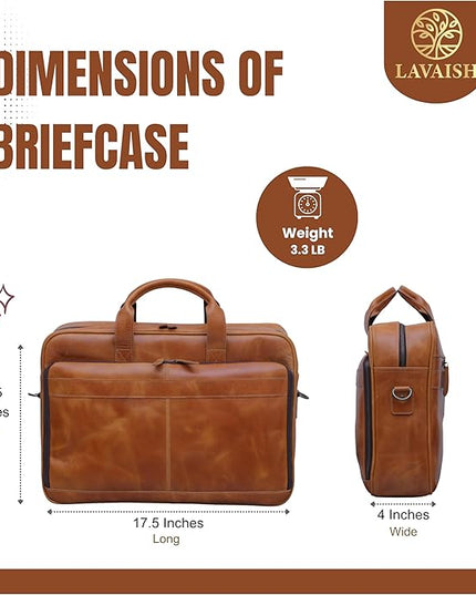 Handmade Full-Grain Leather Briefcase for Men & Women–17" Laptop Bag with Computer Compartment Office Satchel Bag