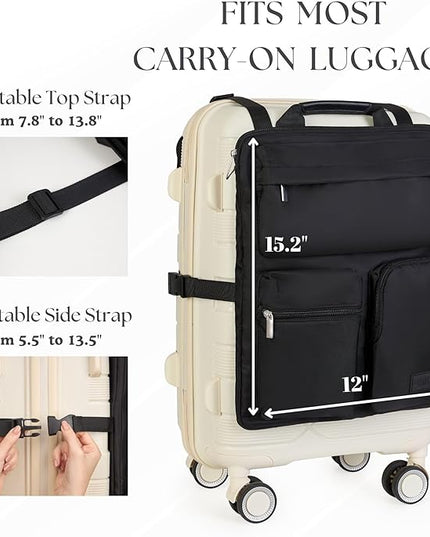 BAREFOOT CARIBOU Over Luggage Organizer for Carry On Bag or Suitcase with Storage Pockets, 16” Laptop Sleeve with Handle, Travel Accessories Bag Slide On Luggage Harness with Adjustable Straps (Black)