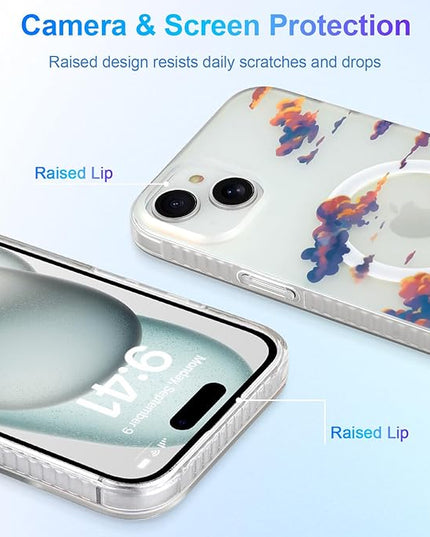 Cute Case for iPhone 15 Case for Women Girls [ Compatible with Magsafe ] Aesthetic Cloud Pattern Design, Girly Glitter Sparkly Bling Protective Phone Cover, Iridescent Sun Set Sky