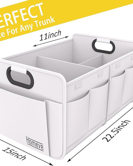 Homeve Trunk Organizer, Car Storage, Reinforced Handles, Collapsible Multi-Compartment, Foldable, Waterproof, Sturdy, 600D Oxford Polyester For Car, SUV, Mini-Van, White, 2 Compart