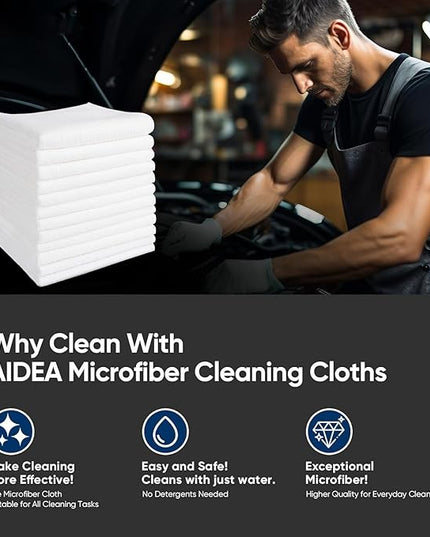 AIDEA Microfiber Cleaning Cloth White-100PK, Absorbent Cleaning Rags, Commercial Shop Rags Lint-Free, Scratch-Free, White Microfiber Towels for Cars, Kitchen Towels White 11.5 in.x 11.5 in.