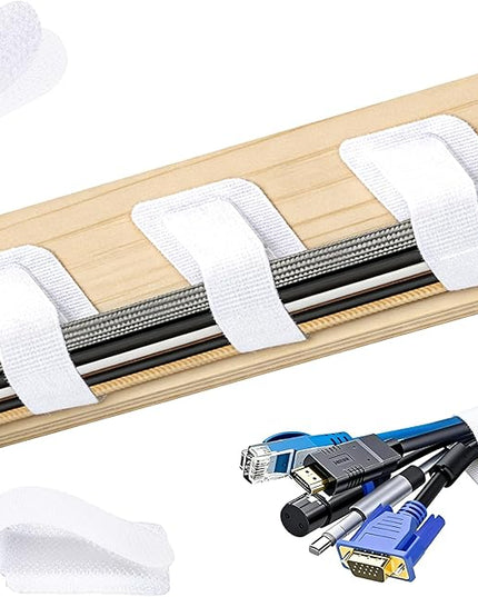 100 Pcs Hook and Loop Cable Ties, Self Adhesive Cable Management Desktop Cable Straps, Adjustable Cord Organizer for Desk Home Office Organization (White)