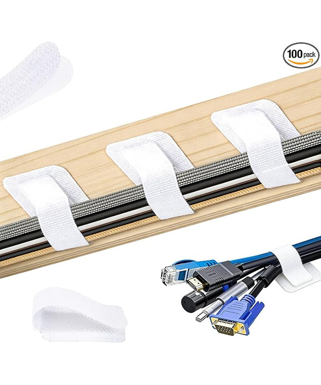 100 Pcs Hook and Loop Cable Ties, Self Adhesive Cable Management Desktop Cable Straps, Adjustable Cord Organizer for Desk Home Office Organization (White)
