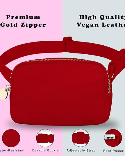 DANCOUR Vegan Leather Belt Bag for Women – Red Fanny Pack Crossbody, Stylish Large Waist Bag, Trendy Crossbody Belt Bag, Everywhere Fanny Pack for Travel, Fashionable Faux Leather Bag
