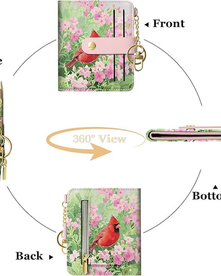 Sodsay Small Slim Wallet Women RFID Blocking, PU Leather Bifold Ladies Wallet with Zipper Coin Pocket, Thin Cute Travel Card Wallets for Girls, Pink Feathered Blossom