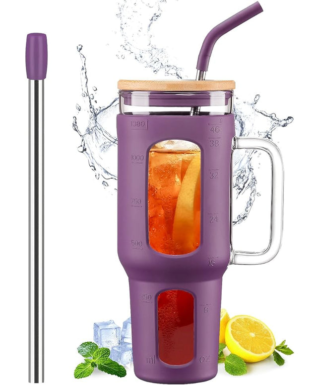 Glass Tumbler with Lid and Straw, 46 oz Iced Coffee Cup with Handle, Glass Water Bottles with Silicone Sleeve, BPA Free-Dark Purple
