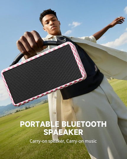 DINDIN Portable Bluetooth Speaker： 80W (Peak), 20H Playtime, Wireless Big Wood Boombox with Deep Bass, Subwoofer, TWS, Large, Loud Speaker for Party, Outdoor, Backyard, Beach, Home,Gift（Pink+White）