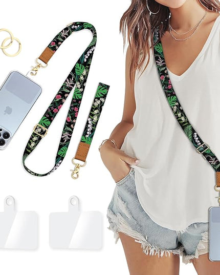 Phone Lanyard Crossbody Wrist Strap, Flower Cell Phone Lanyards for Around the Neck Wristlet Shoulder, Adjustable Floral Strap for Car Keys Keychain Wallet ID Badge Black