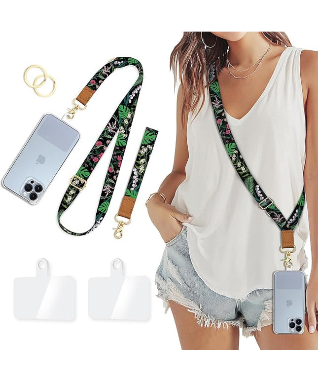 Phone Lanyard Crossbody Wrist Strap, Flower Cell Phone Lanyards for Around the Neck Wristlet Shoulder, Adjustable Floral Strap for Car Keys Keychain Wallet ID Badge Black