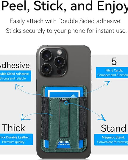 BIAJIYA Phone Wallet Sticky Back with Stand - Holds 6 Cards for iPhone & Samsung, Ultra Thin Leather & Stretch Fabric Card Holder (Green)