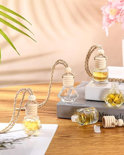 BBTO 200 Pcs Hanging Car Diffuser Bottle Bulk Empty Clear Glass Perfume Bottles Air Freshener Pendant for Essential Oils Fragrance Aromatherapy Car Interior (Diamond, Cylinder)