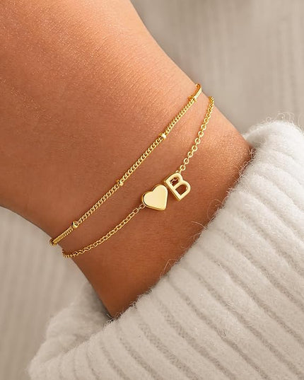 M MOOHAM Valentines Day Gifts for Kids Teen Girls -14K-Gold-Plated Heart Initial A-Z Bracelets for Women Girl Dainty Gold Bracelets Birthday Valentines Gifts for Women Her Teenage Girls Kid Teen Gift