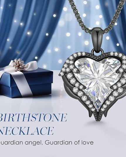CDE Christmas Gifts for Women Angel Wings Necklace for Women with Birthstone, Love Heart Silver Tone/Gold Tone Pendant, Ideal Anniversary or Birthday Jewelry Gifts for Wife Girlfriend Her