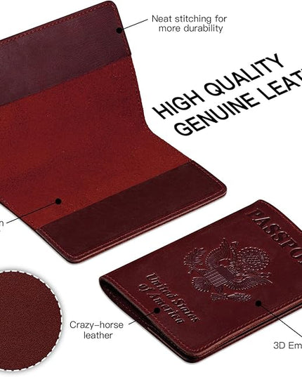 BIAOTIE Premium Leather Passport Holder Covers, Rfid Travel Wallet Passport Document Holder, Travel Essentials Wallet Cover Case for Men and Women (Wine Red)