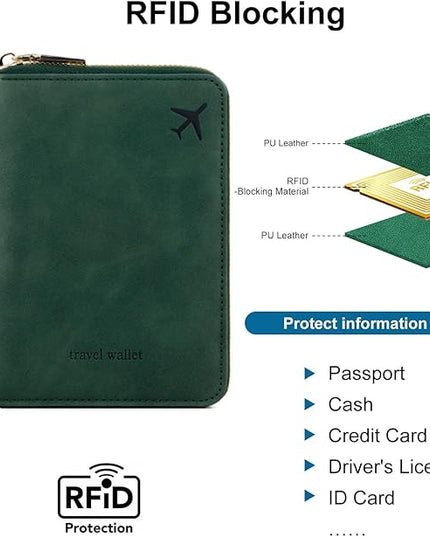 Passport Holder for Travel Women and Men RFID Passport Holder with Card Slots Holder Passport Case Passport cover Passport Wallet Travel Essentials and Accessories (Short Zipper, SZH-Green)