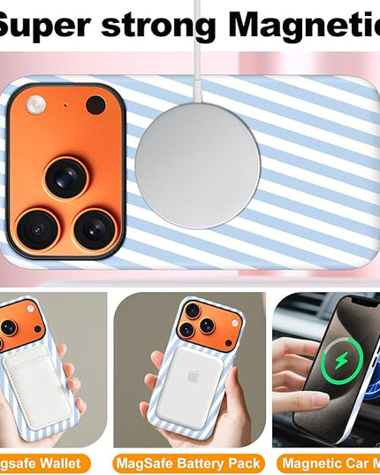 Magnetic for iPhone 17 Pro Max Case Cute Diagonal Stripes Phone Case, Shockproof Slim TPU and Hard PC Protective Phone Cover Compatible with MagSafe Designed for Women Girls,Blue