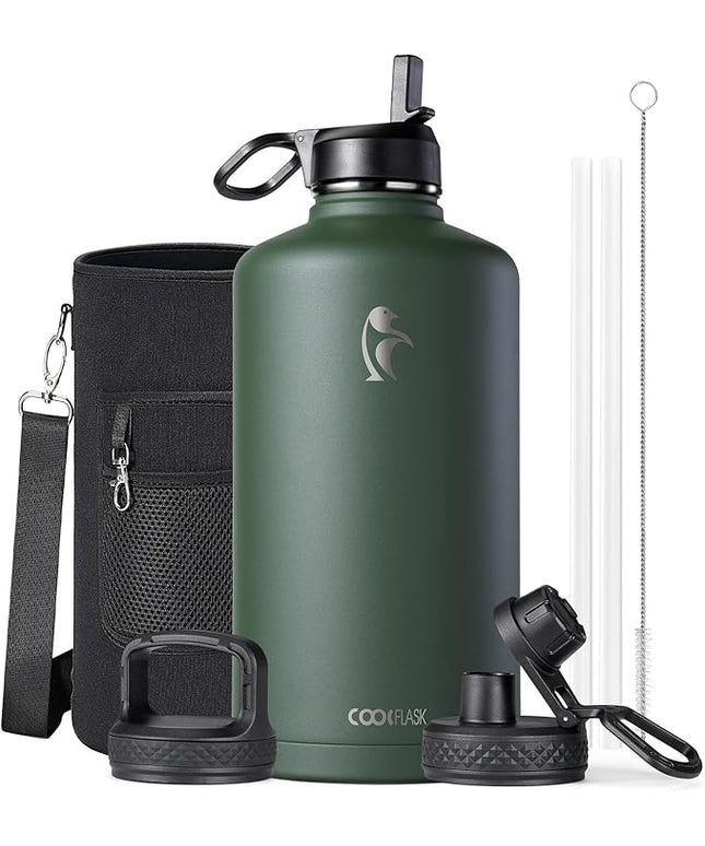 Coolflask 128 oz Gallon Water Bottle Insulated with Straw&3 Lids, Water Jug Large Stainless Steel Metal Vacuum Wide Mouth for Sports, Gym or Office, Non-BPA Keep Cold 48H Hot 24H, Dark Green