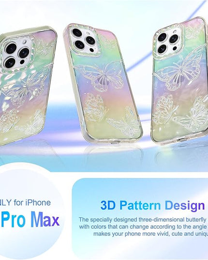 Cute Case for iPhone 15 Pro Max Case for Women Girls, with 3D Butterflies Pattern Design, Aesthetic Clear Iridescent Glitter Kawaii Girly Rainbow Protective Phone Cover
