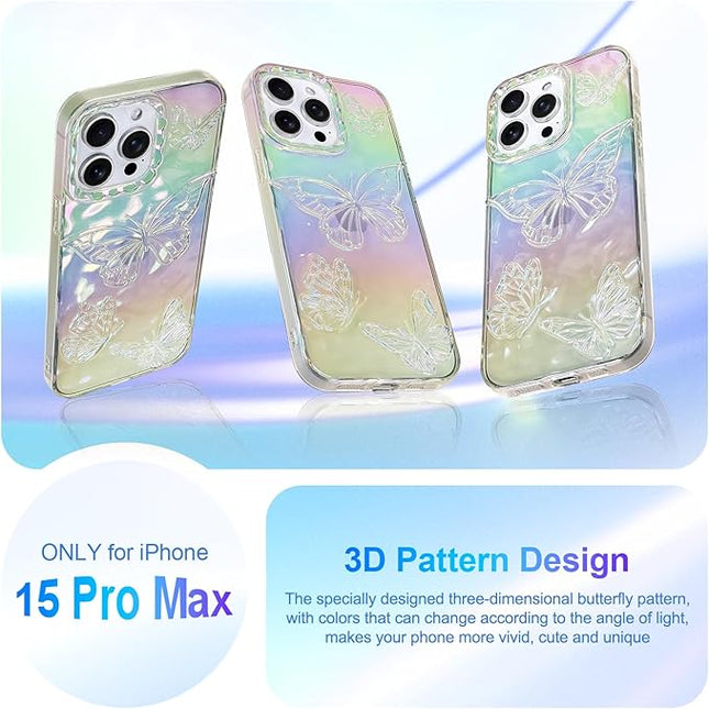 Cute Case for iPhone 15 Pro Max Case for Women Girls, with 3D Butterflies Pattern Design, Aesthetic Clear Iridescent Glitter Kawaii Girly Rainbow Protective Phone Cover
