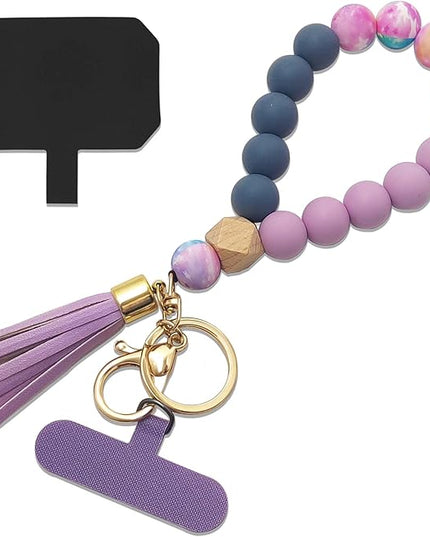 Phone Lanyard Silicone Beaded Phone Wrist Strap Cute Elastic Cell Phone Wristlet Chain Bracelet with 2 Tether Tab